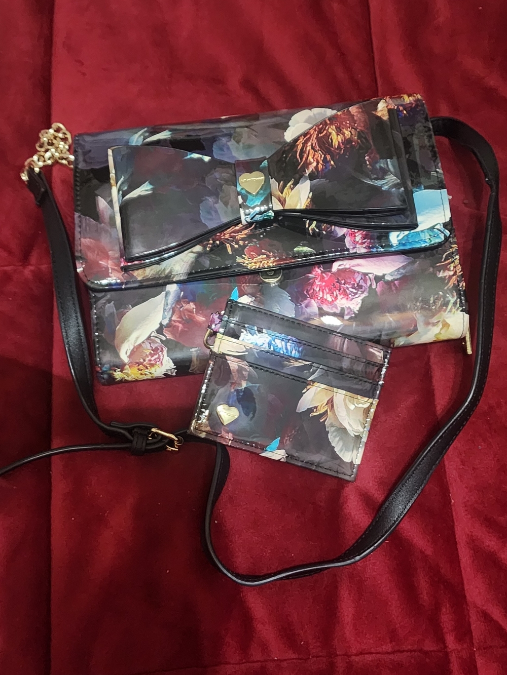 Betsey Johnson Black Multicolor Floral Bow Crossbody with Card Holder